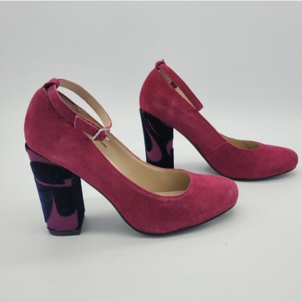 FarylRobin Anthropologie pink suede chunky texture retro heels Size 6